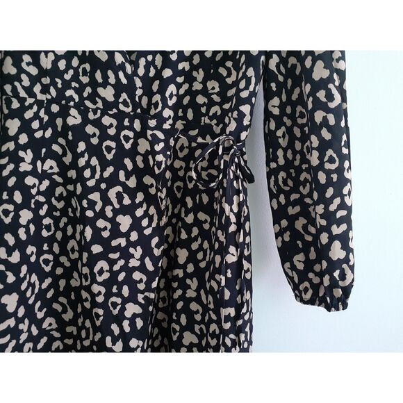 Nic & Jo Black Tan Cheetah Print Self Tie Wrap Around LS Casual Dress M - Picture 7 of 12
